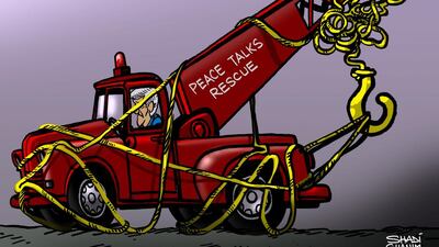 Shadi Ghanim is away on leave. While he is on holiday, The National is publishing a selection of his best work over the past year. Today’s cartoon, originally published in March last year, refers to the US secretary of state's frustration with the MIddle East peace process.