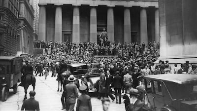 November 1929: The Sub-Treasury Building (now Federal Hall National Memorial) opposite the Wall Street Stock Exchange in Manhattan, New York, at the time of the Wall Street Crash. Getty