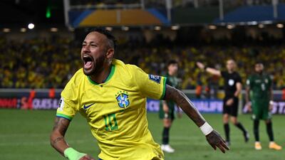 Brazil's forward Neymar celebrates after scoring a goal during the 2026 FIFA World Cup South American qualifiers football match between Brazil and Bolivia at the Jornalista Edgar Proença 'Mangueirao' stadium, in Belem, state of Para, Brazil, on September 8, 2023. Neymar became Brazil's all-time top scorer on Friday surpassing Pele's record. (Photo by CARL DE SOUZA / AFP)