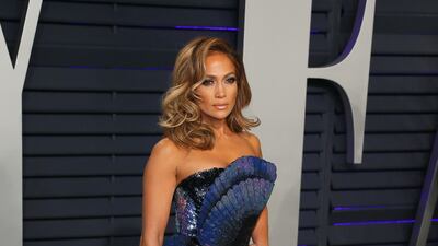 Jennifer Lopez in Zuhair Murad arrives at the 2019 Vanity Fair Oscar Party. AFP