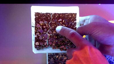 Mr Drouadaine displays, under infrared light, cracks formated in tar due to cold weather, at the Eurovia research centre in Merignac, near Bordeaux. The smart roads the firm is developing are able to defrost themselves, thereby extending the life of the road surface. Medhi Fedouach/AFP