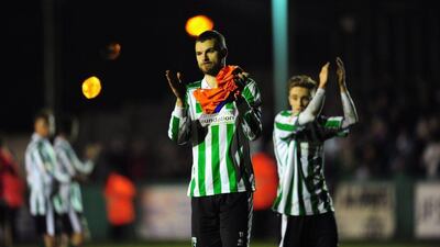 Blyth Spartans captain Robert Dale, left, and Jarrett Rivers, right, applaud the crowd after their FA Cup third round loss to Birmingham City on Saturday. Stu Forster / Getty Images / January 3, 2015