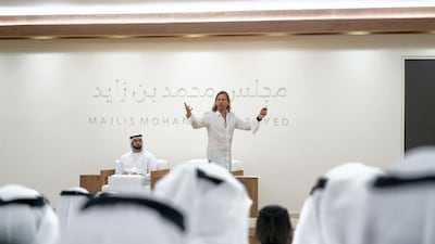 Dr. Beau Lotto, delivers a lecture titled "The Science of Innovation: Becoming naturally adaptable", at Majlis Mohamed bin Zayed. Mohamed Al Hammadi / Ministry of Presidential Affairs