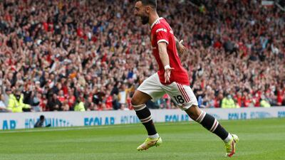 Bruno Fernandes celebrates scoring at Old Trafford.