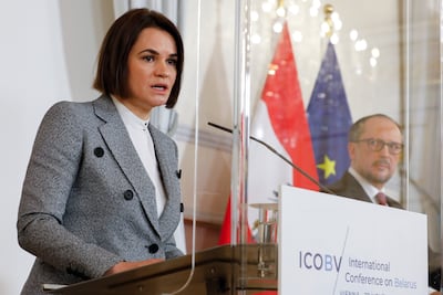 Belarusian opposition leader Sviatlana Tsikhanouskaya, next to Austrian Chancellor Alexander Schallenberg, told EU leaders not to speak to Mr Lukashenko. AP