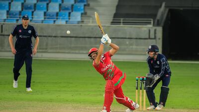 Oman bat against Scotland during their Cricket World Cup League 2 match in Dubai. Photo: ICC