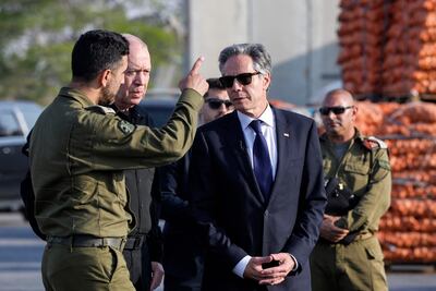US Secretary of State Antony Blinken with Israeli Defence Minister Yoav Gallant at the Karam Abu Salem border crossing with Gaza. AFP