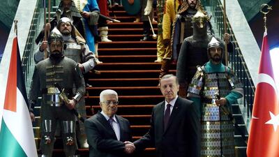 Turkish President Recep Tayyip Erdogan and Palestinian President Mahmoud Abbas in Ankara on a previous visit. AFP