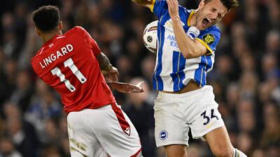 Nottingham Forest's Jesse Lingard in action with Brighton & Hove Albion's Joel Veltman. Reuters