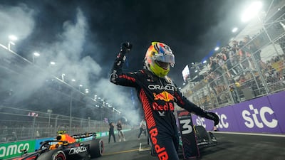 Sergio Perez celebrates after winning the Saudi Arabian Grand Prix. Reuters