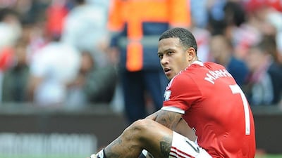 Manchester United’s Memphis Depay reacts during his side’s 0-0 draw with Newcastle United on Saturday at Old Trafford. Peter Powell / EPA