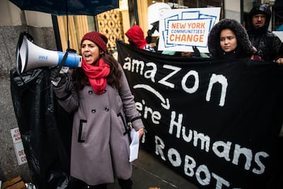 A demonstration outside Amazon chief Jeff Bezos’s home in New York last week Bloomberg