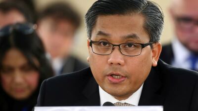 Myanmar's ambassador Kyaw Moe Tun speaking in 2019 at the Human Rights Council at the United Nations in Geneva. Reuters