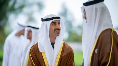 Sheikh Hamdan bin Mohamed bin Zayed, Deputy Chairman of the Presidential Court for Special Affairs, speaks with Dr Sultan Al Jaber, Minister of Industry and Advanced Technology, group chief executive of Adnoc and chairman of Masdar, during a reception at the administrative building of the Special Representative Office during an official visit to Azerbaijan. Omar Al Askar / UAE Presidential Court