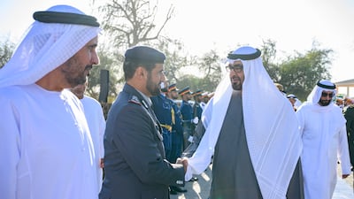The President greets Maj Gen Faris Khalaf Al Mazrouei, Abu Dhabi Executive Council Member, Commander-in-Chief of Abu Dhabi Police, and Chairman of the Abu Dhabi Emergency Crisis and Disasters Committee