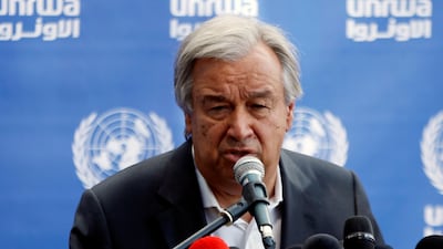 United Nations Secretary-General Antonio Guterres attends a news conference at UN-run school in the northern Gaza Strip