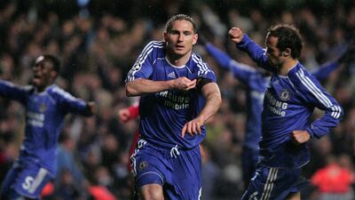 Chelsea's Frank Lampard celebrates scoring against Liverpool during the second leg of their Champions League semi-final at Stamford Bridge on April 30, 2008. AFP