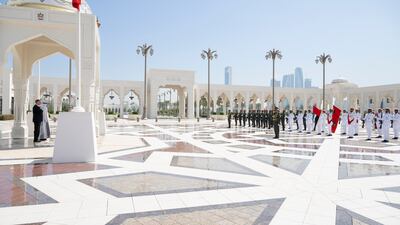The President and Mr Iohannis at a reception at Qasr Al Watan. Sheikh Mohamed expressed his wish to further enhance relations between the UAE and Romania. Mohamed Al Hammadi / UAE Presidential Court