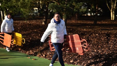 Chelsea coach Frank Lampard carries out free-kick mannequins for a training session on the eve of their Champions League Group H match against Lille. AFP