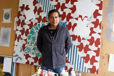 Artist Praneet Soi, in front of one of his recent paintings incorporating Kashmiri motifs. Praneet Soi