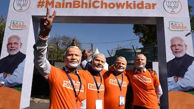 BJP workers wearing masks of Indian Prime Minister Narendra Modi at a campaign event in New Delhi on March 31, 2019. Hindustan Times via Getty Images