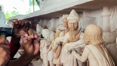 Elaborate carvings will decorate spaces below each of the seven spires of the temple to represent the emirates of the UAE and retell special stories of faith. Photo: Baps Hindu Mandir