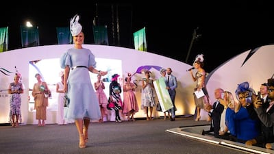 A look at Best Dressed Lady Eleanor Campbell's full outfit on the Style Stakes catwalk at the Dubai World Cup on March 30, 2019. Twitter / Meydan Style