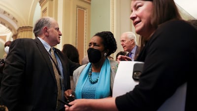 Democratic women members of the US House of Representatives gather outside of the Senate chamber in Washington to protest and advocate abortion rights. Reuters
