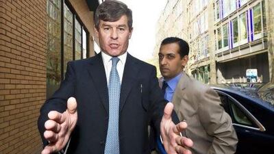 Mahmoud Al Zarooni, the Godolphin trainer, right, and racing manager Simon Crisford arrive at a disciplinary panel hearing of the British Horseracing Authority on Thursday.