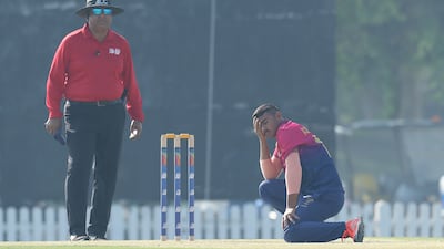 Aayan Afzal Khan of the UAE reacts after unsuccessful appeal.