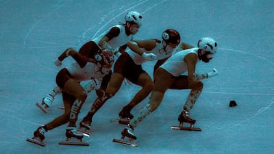 Jens van't Wout of the Netherlands, Steven Dubois of Canada, Teun Boer of the Netherlands and Shaoang Liu of China competing on the short track speed skating men's 500m semifinals on day 12 of the Milano Cortina 2026 Winter Olympics at Milano Speed Skating Stadium on February 18, 2026 in Milan, Italy