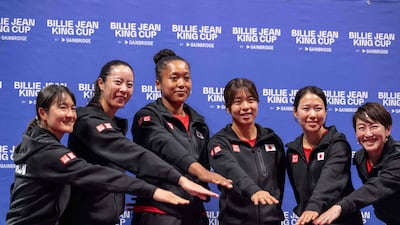From left: Shuko Aoyama, Ena Shibahara, Naomi Osaka, Mai Hontama, Nao Hibino and head coach Ai Sugiyama of Japan at the draw ceremony for the Billie Jean King Cup qualifier against Kazakhstan in Tokyo. AFP
