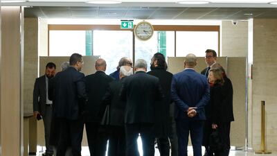 Members of the delegation of the Syrian Negotiation Commission arrive for a meeting during the Intra Syria talks in Geneva, Switzerland. Denis Balibouse/ EPA