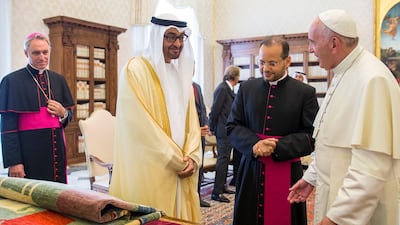 Sheikh Mohammed bin Zayed, Crown Prince of Abu Dhabi and Deputy Supreme Commander of the Armed Forces, met Pope Francis during a visit to the Vatican in 2016. Mohamed Al Hammadi / Crown Prince Court - Abu Dhabi