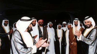 Sheikh Zayed is welcomed by Sheikh Khalifa bin Zayed, Sheikh Mohammed bin Rashid, Sheikh Mohammed bin Zayed and Sheikh Sultan bin Zayed upon his return to the UAE in September 1995.
