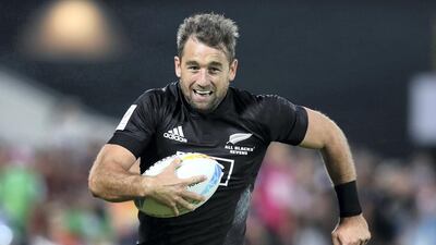 Kurt Baker of New Zealand scores against Wales in the men's section of the HSBC World Rugby Sevens Series in Dubai Dubai. Chris Whiteoak / The National