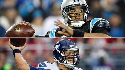 Cam Newton, quarterback of the Carolina Panthers, top, and Seattle Seahawks quarterback Russell Wilson, bottom. (Photos: Bob Leverone and Ross D Franklin / AP)