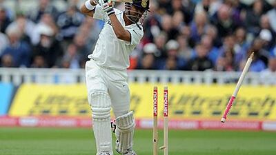 Gautam Gambhir is clean bowled by Tim Bresnan at Edgbaston yesterday.