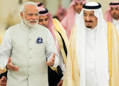Saudi Arabia's King Salman, right, welcomes Prime Minister Narendra Modi of India in Riyadh. AFP