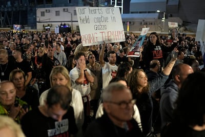 A show of solidarity with hostages being held in the Gaza Strip, near the Museum of Art in Tel Aviv, Israel. AP