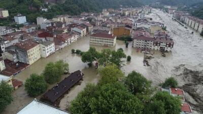 Flooded buildings in the Bozkurt district of Kastamonu, Turkey, on August 11. Getty