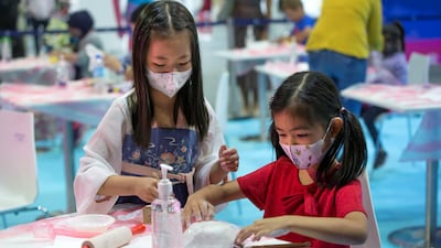 Art workshop for kids and adults at the World Art Dubai. Leslie Pableo / The National