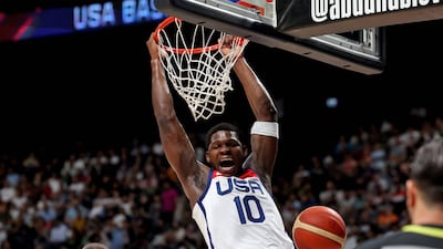 USA's Anthony Edwards dunks the ball during the Basketball Showcase friendly match between the USA and Germany at the Etihad Arena in Abu Dhabi on August 20. AFP