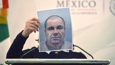 Mexico’s Attorney General Arely Gomez shows a picture of Joaquin ‘El Chapo’ Guzman. The Mexican drug kingpin has a US$3.8m reward on his head. Yuri Cortez / AFP Photo