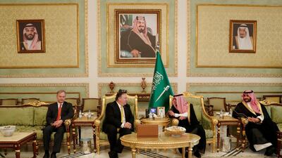 Mr. Pompeo talks with Mr Al Jubeir after arriving in Riyadh. AP Photo