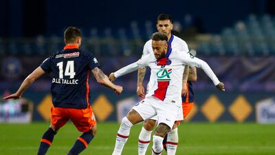 Damian Le Tallec of Montpellier and Neymar of Paris Saint-Germain in action. EPA