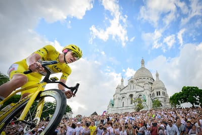 UAE Team Emirates XRG rider Tadej Pogacar passes the Sacre Coeur basilica in Paris during Tour de France, which he went on to win in July 2026. AFP