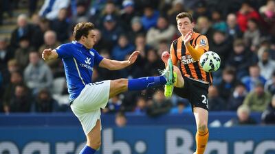 Matthew James of Leicester City and Andrew Robertson of Hull City compete for the ball during their goalless draw in the Premier League on Saturday. Ross Kinnaird / Getty Images