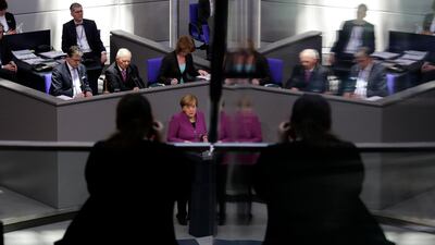 German Chancellor Angela Merkel delivers her speech about the European policy at the parliament Bundestag in Berlin. Markus Schreiber / AP Photo