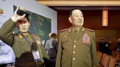 Gen Hyon Yong-chol, right, at the 4th Moscow Conference on International Security on this April 16. North Korea has executed Gen Hyon on treason charges after he fell asleep at an event attended by leader Kim Jong-un. Sergei Karpukhin / Reuters